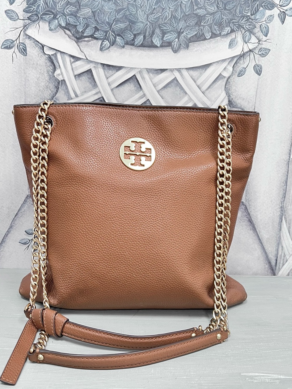 Tory Burch Brown Pebbled Leather Chain-Handle Convertible Bag